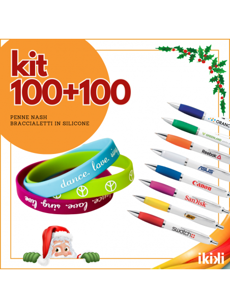 kit 100 BRACCIALI IN SILICONE + 100 PENNE NASH PERSONALIZZATI